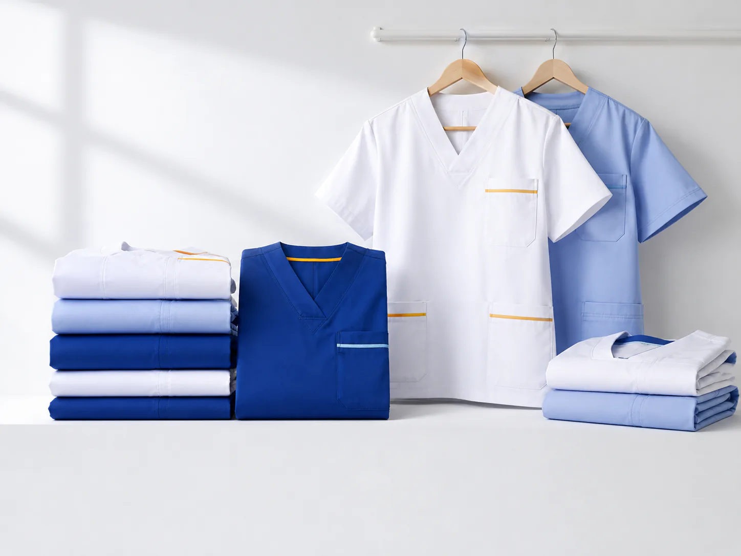 Collection de vêtements professionnels blancs et bleus fabriqués au Maroc