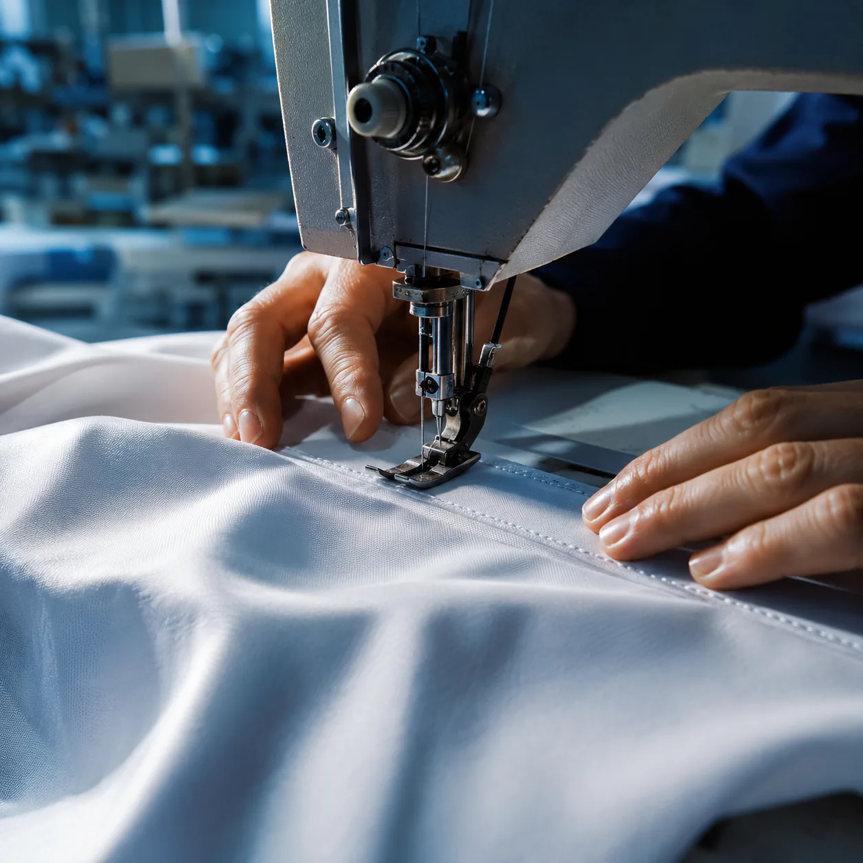 Atelier de confection textile au Maroc, couture d'un vêtement à la machine