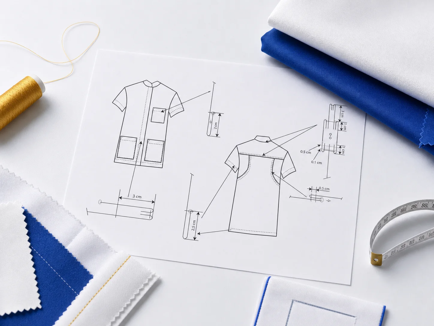 Dossier technique de blouse médicale avec échantillons de tissus blanc et cobalt