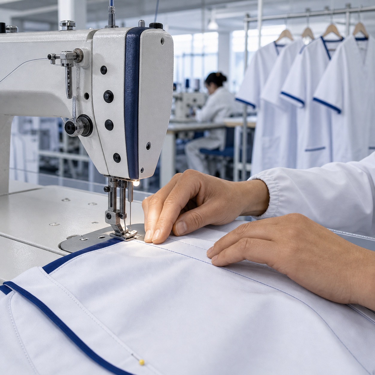 Atelier de confection textile au Maroc — production de vêtements médicaux CHALLENGIA